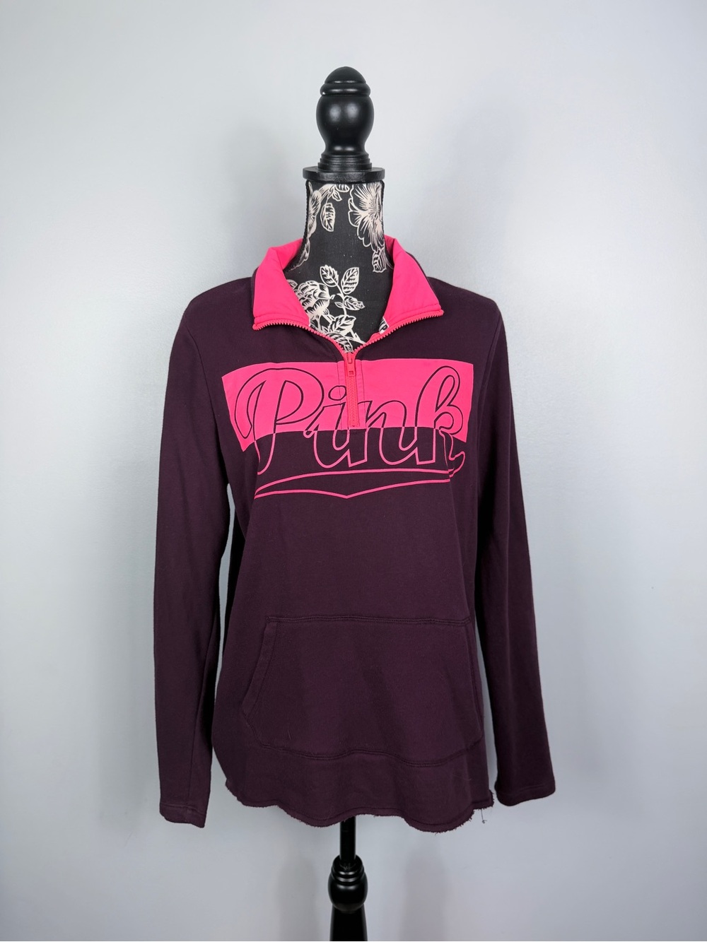 VS Pink maroon/pink quarter zip large logo long sleeve pullover top size small
